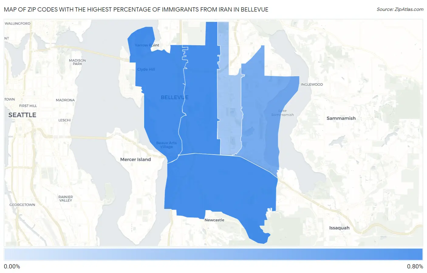 Zip Codes with the Highest Percentage of Immigrants from Iran in Bellevue Map