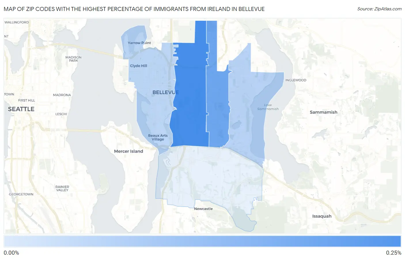 Zip Codes with the Highest Percentage of Immigrants from Ireland in Bellevue Map