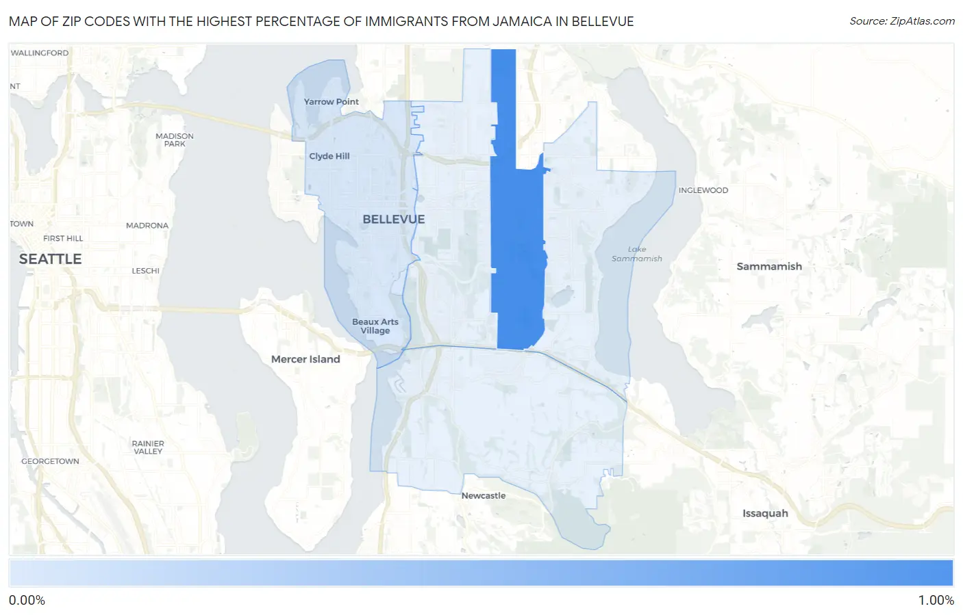 Zip Codes with the Highest Percentage of Immigrants from Jamaica in Bellevue Map