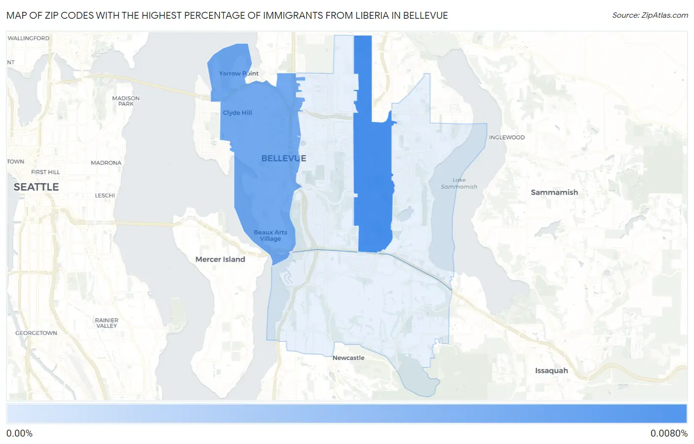 Zip Codes with the Highest Percentage of Immigrants from Liberia in Bellevue Map