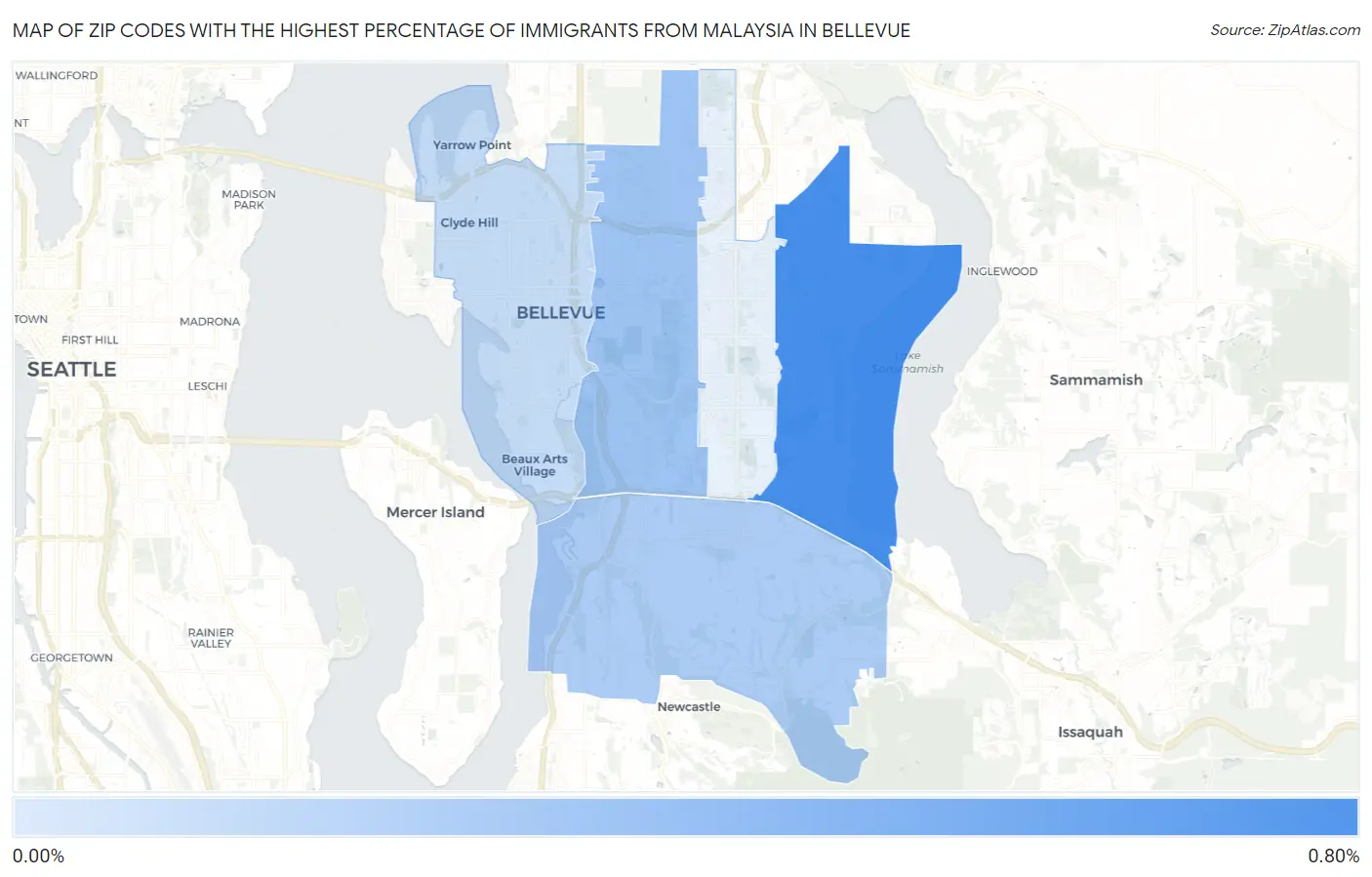 Zip Codes with the Highest Percentage of Immigrants from Malaysia in Bellevue Map