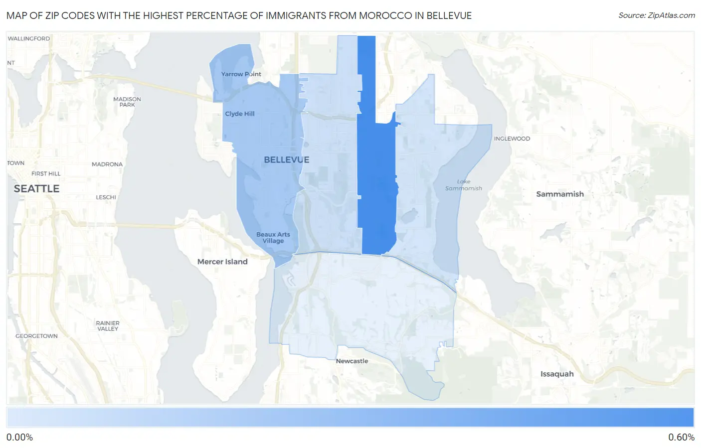 Zip Codes with the Highest Percentage of Immigrants from Morocco in Bellevue Map