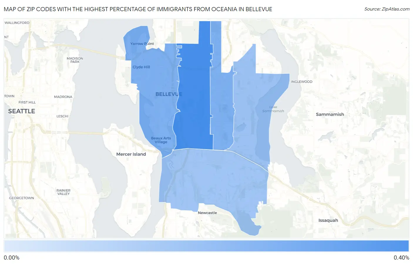 Zip Codes with the Highest Percentage of Immigrants from Oceania in Bellevue Map