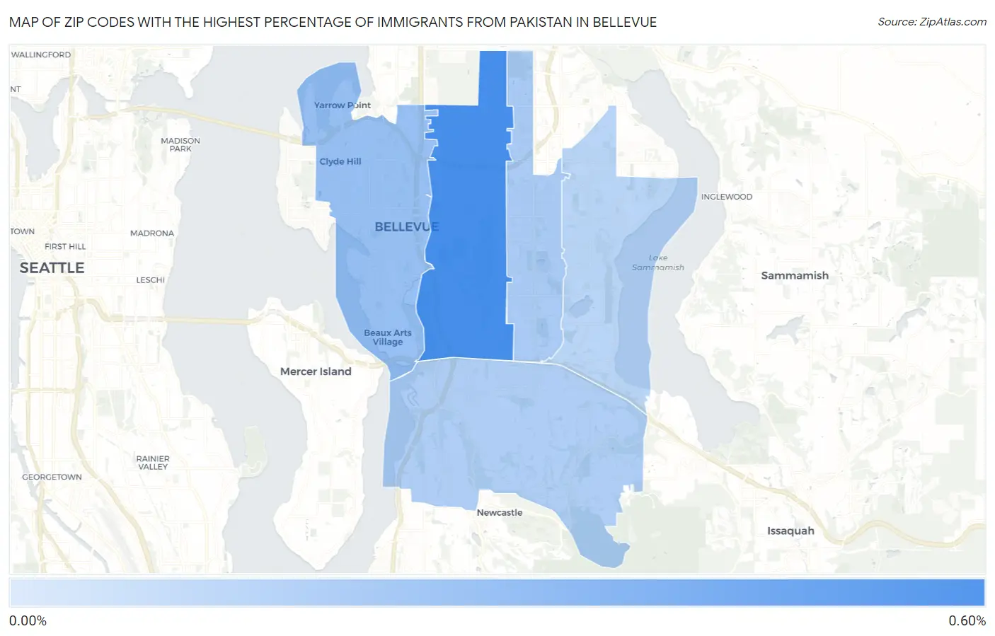 Zip Codes with the Highest Percentage of Immigrants from Pakistan in Bellevue Map