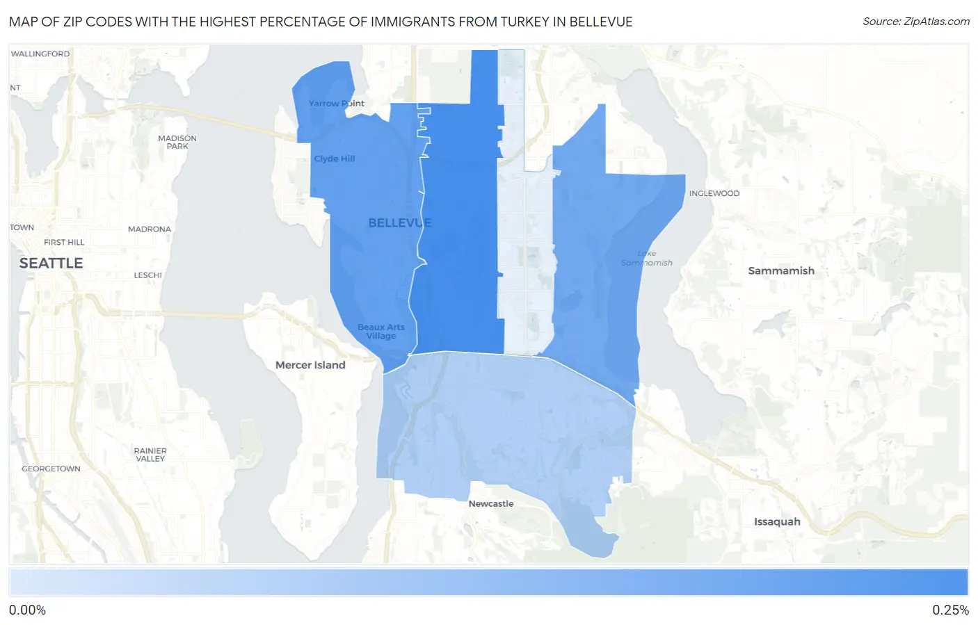 Zip Codes with the Highest Percentage of Immigrants from Turkey in Bellevue Map