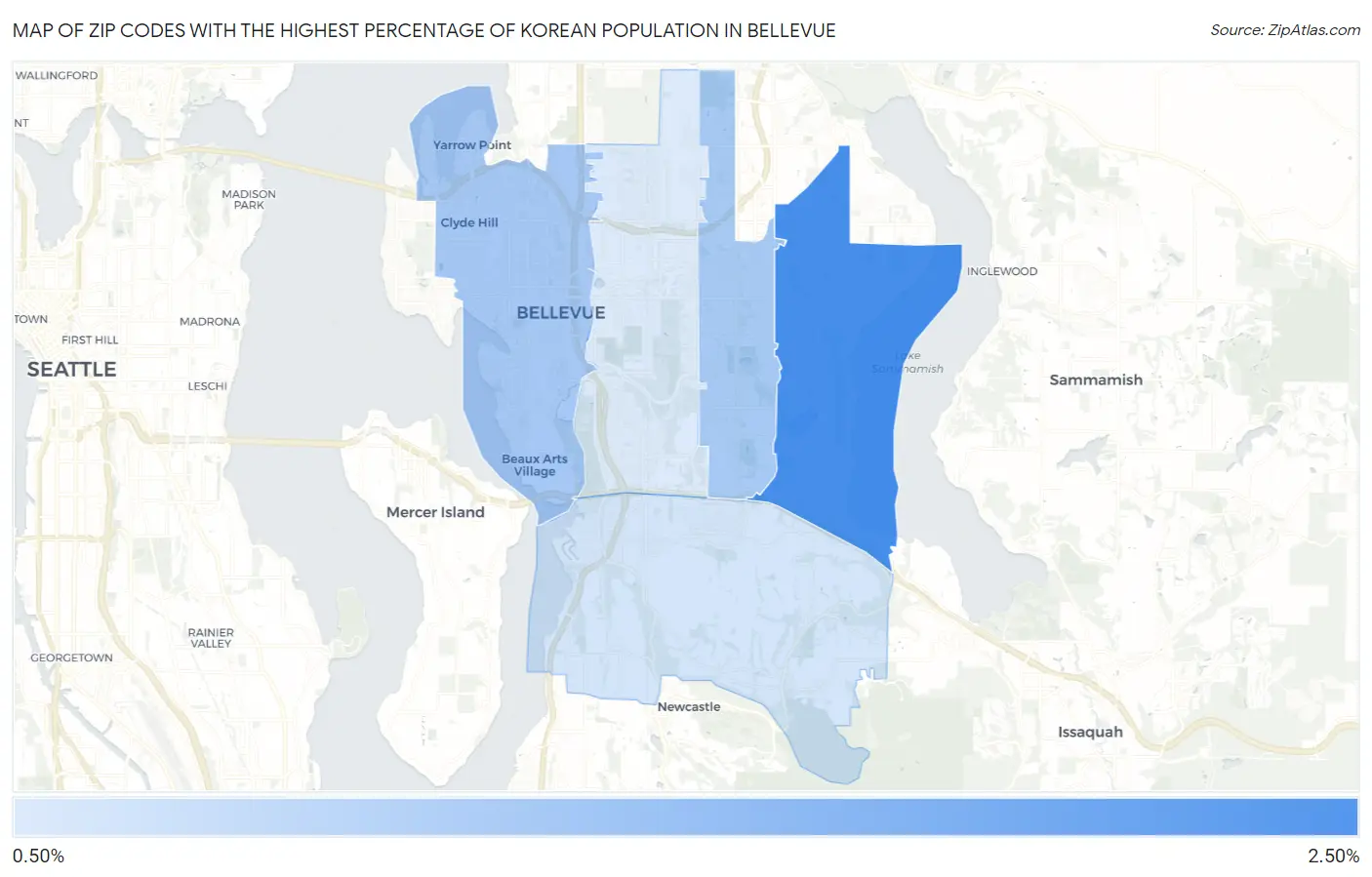 Zip Codes with the Highest Percentage of Korean Population in Bellevue Map