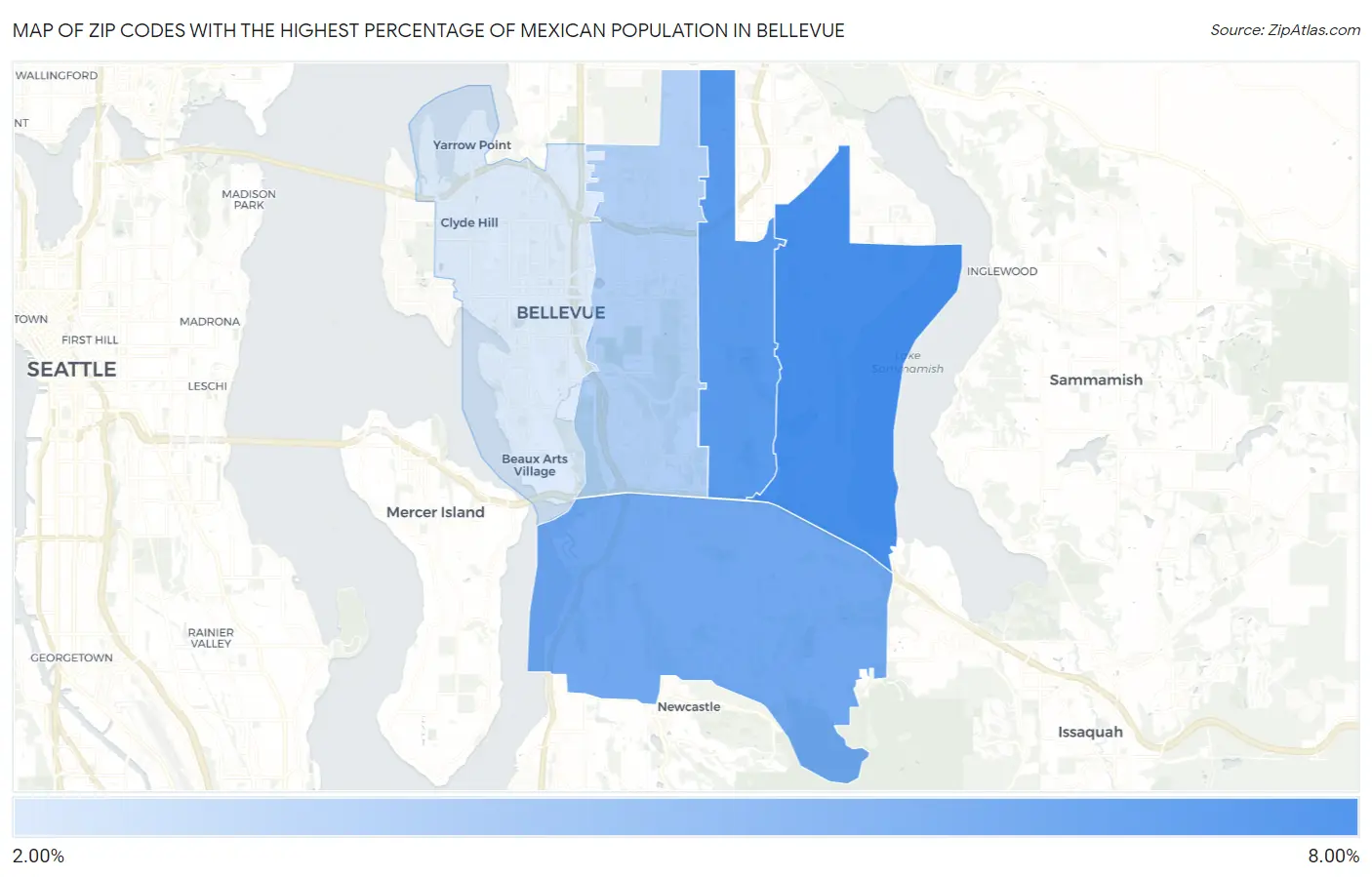 Zip Codes with the Highest Percentage of Mexican Population in Bellevue Map
