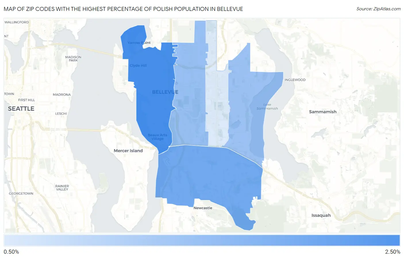 Zip Codes with the Highest Percentage of Polish Population in Bellevue Map