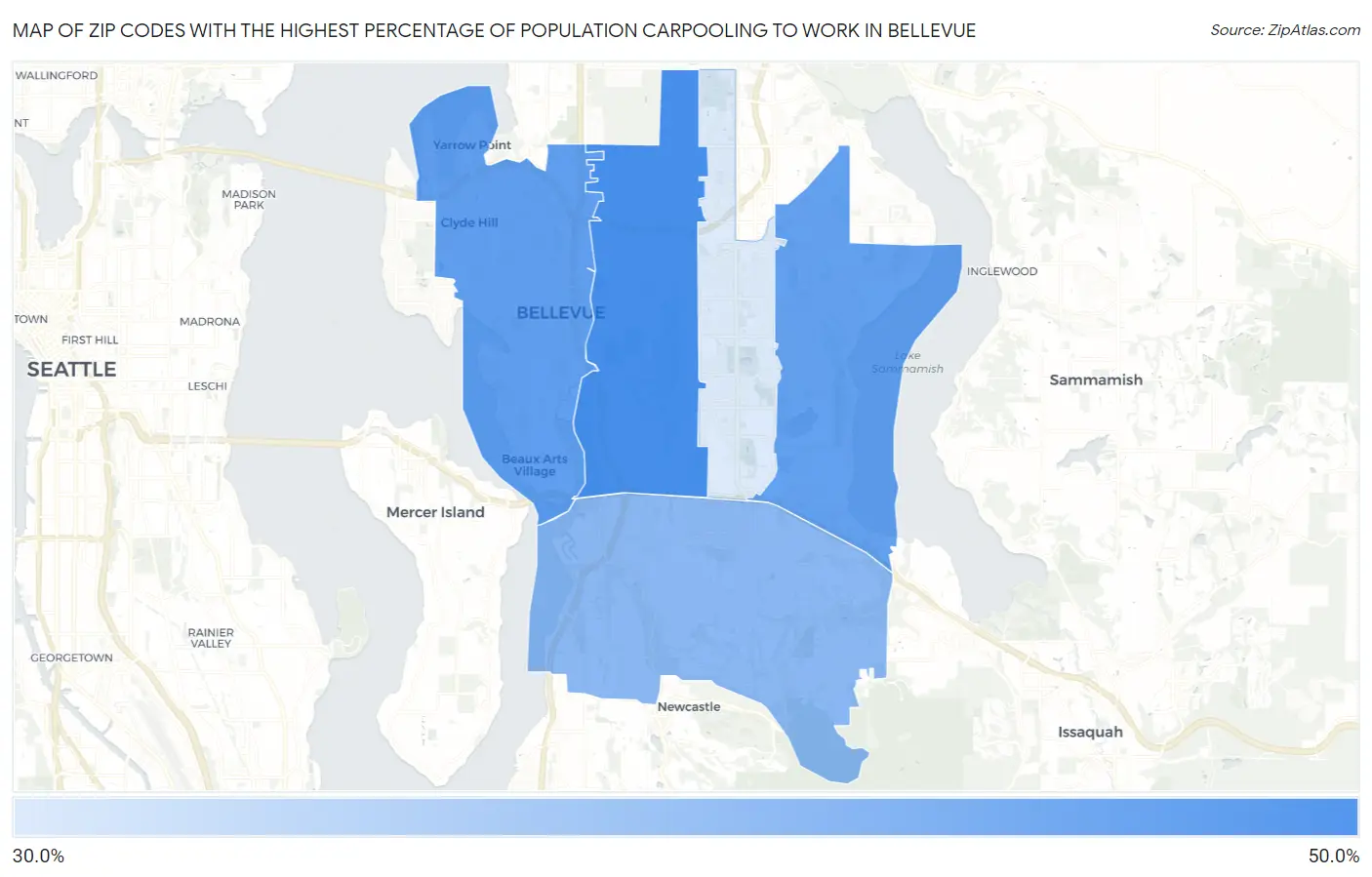 Zip Codes with the Highest Percentage of Population Carpooling to Work in Bellevue Map