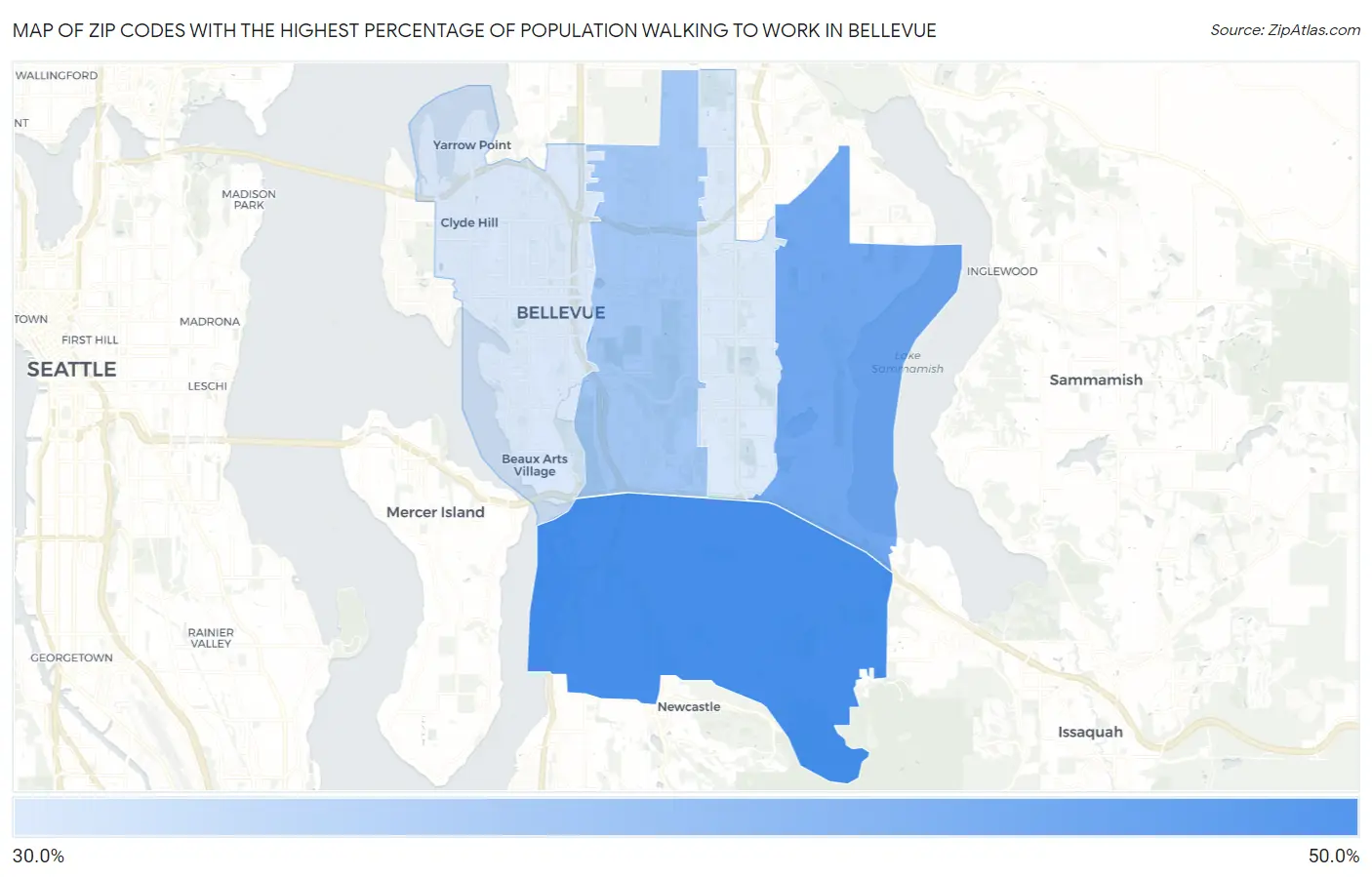 Zip Codes with the Highest Percentage of Population Walking to Work in Bellevue Map