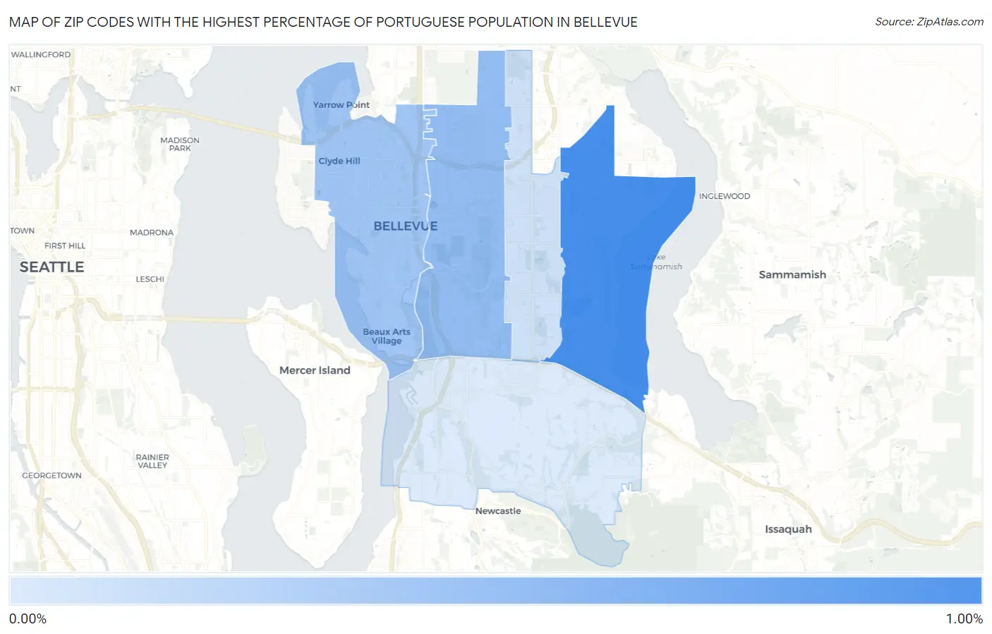 Zip Codes with the Highest Percentage of Portuguese Population in Bellevue Map