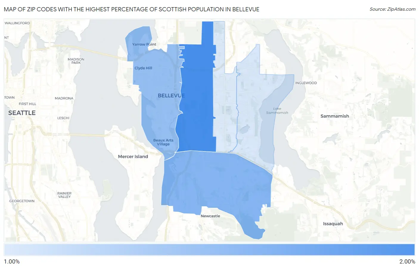 Zip Codes with the Highest Percentage of Scottish Population in Bellevue Map