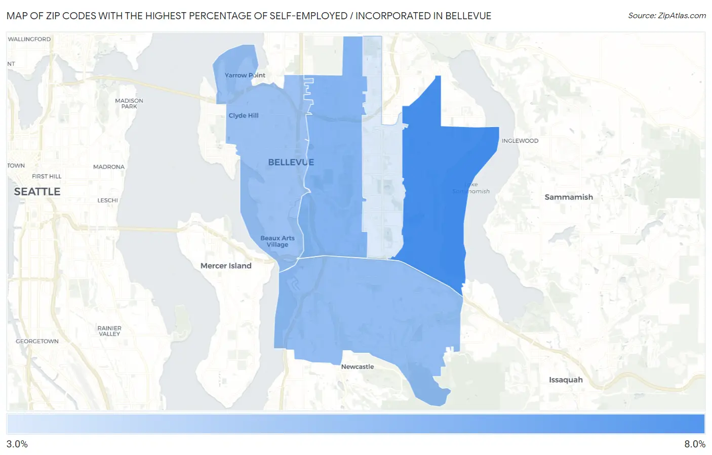 Zip Codes with the Highest Percentage of Self-Employed / Incorporated in Bellevue Map