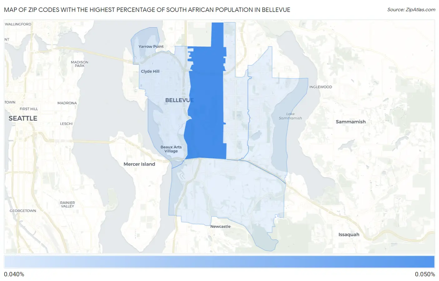 Zip Codes with the Highest Percentage of South African Population in Bellevue Map