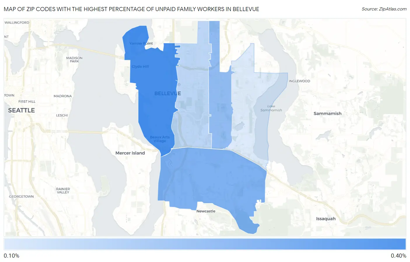 Zip Codes with the Highest Percentage of Unpaid Family Workers in Bellevue Map