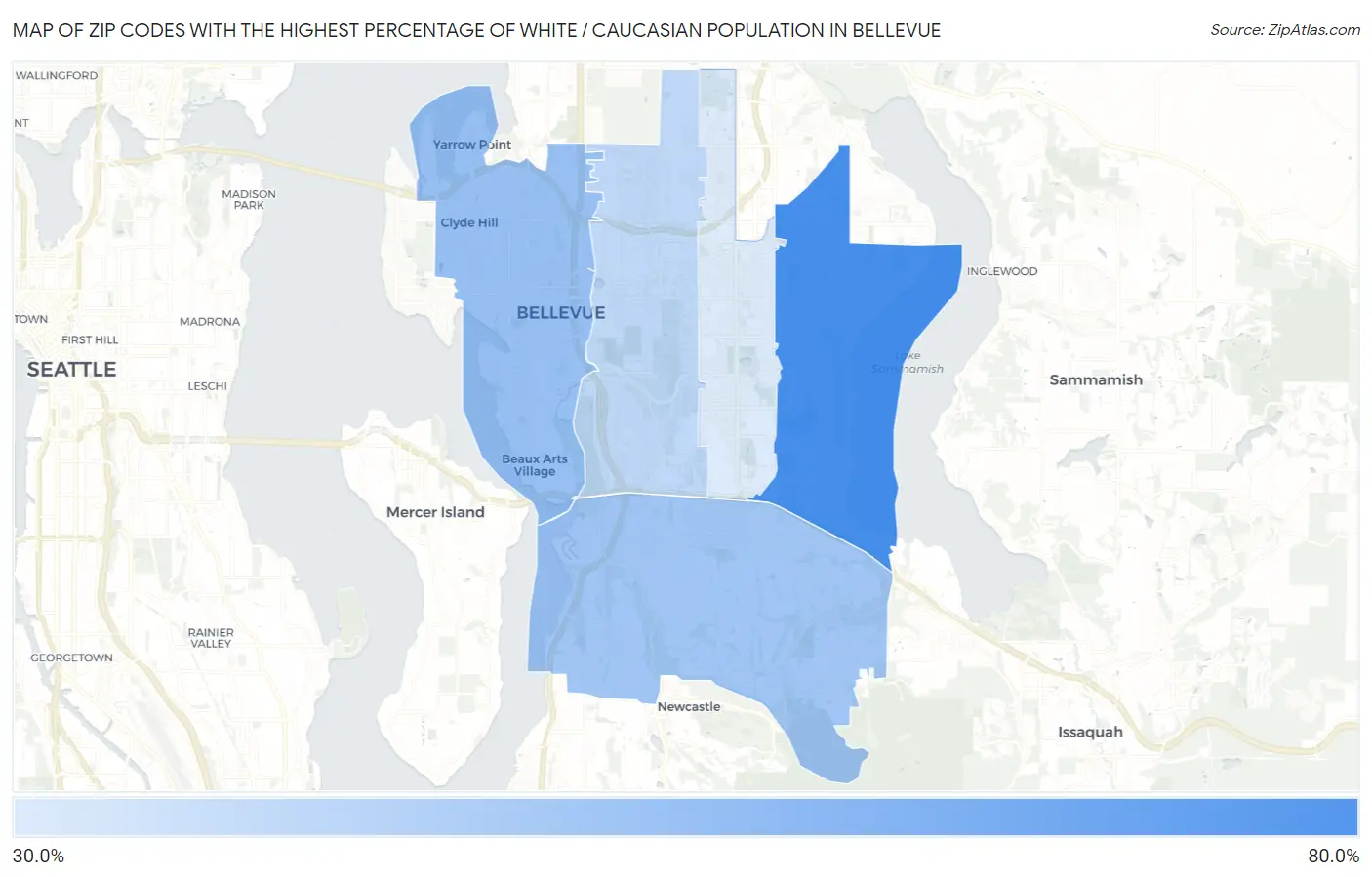 Zip Codes with the Highest Percentage of White / Caucasian Population in Bellevue Map