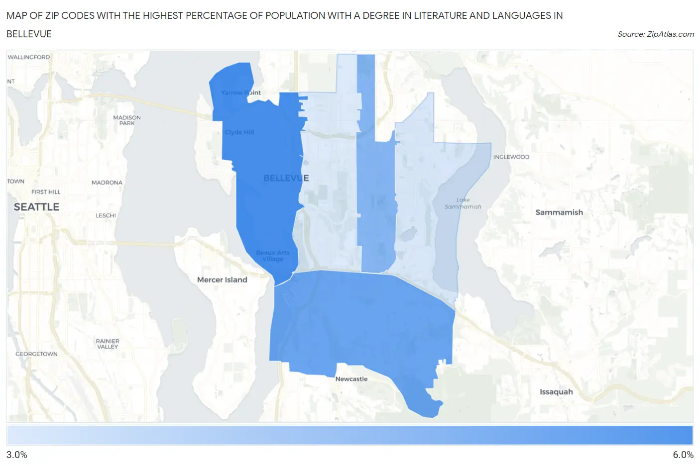 Zip Codes with the Highest Percentage of Population with a Degree in Literature and Languages in Bellevue Map