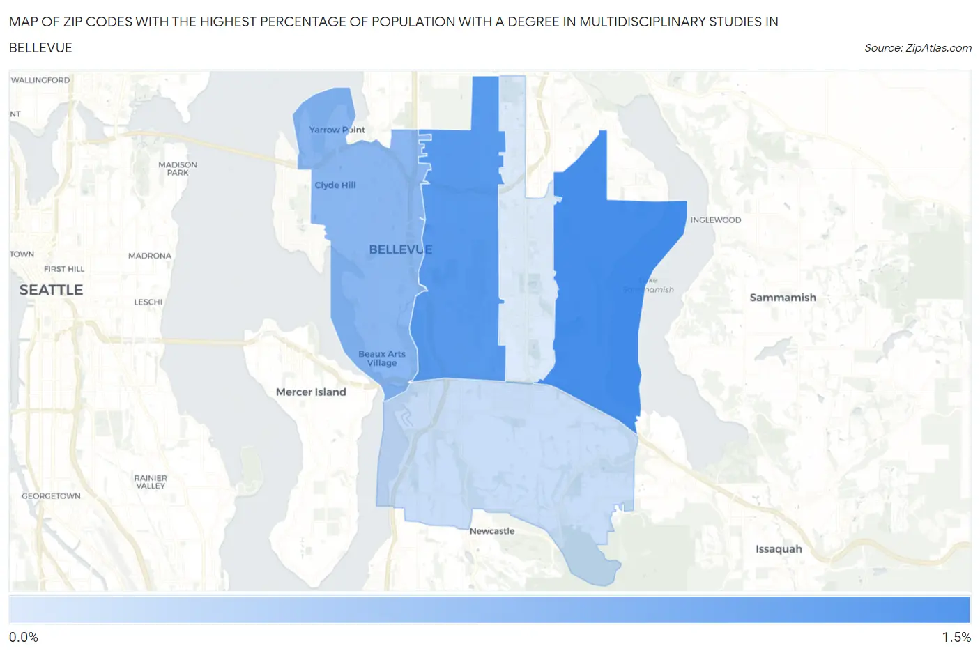 Zip Codes with the Highest Percentage of Population with a Degree in Multidisciplinary Studies in Bellevue Map