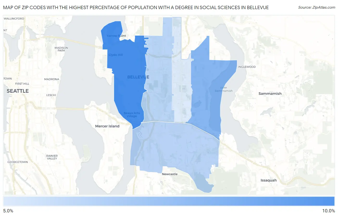 Zip Codes with the Highest Percentage of Population with a Degree in Social Sciences in Bellevue Map