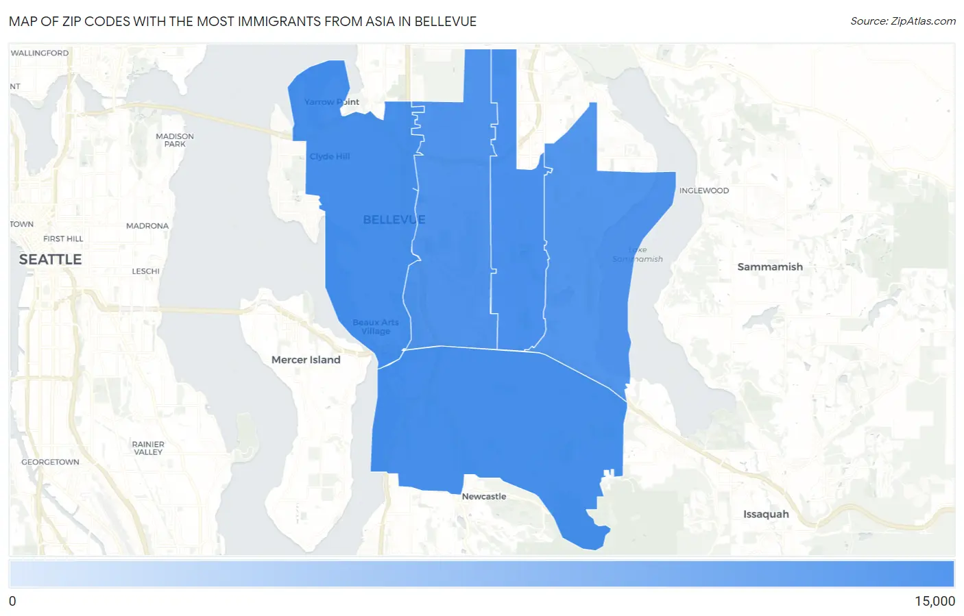 Zip Codes with the Most Immigrants from Asia in Bellevue Map