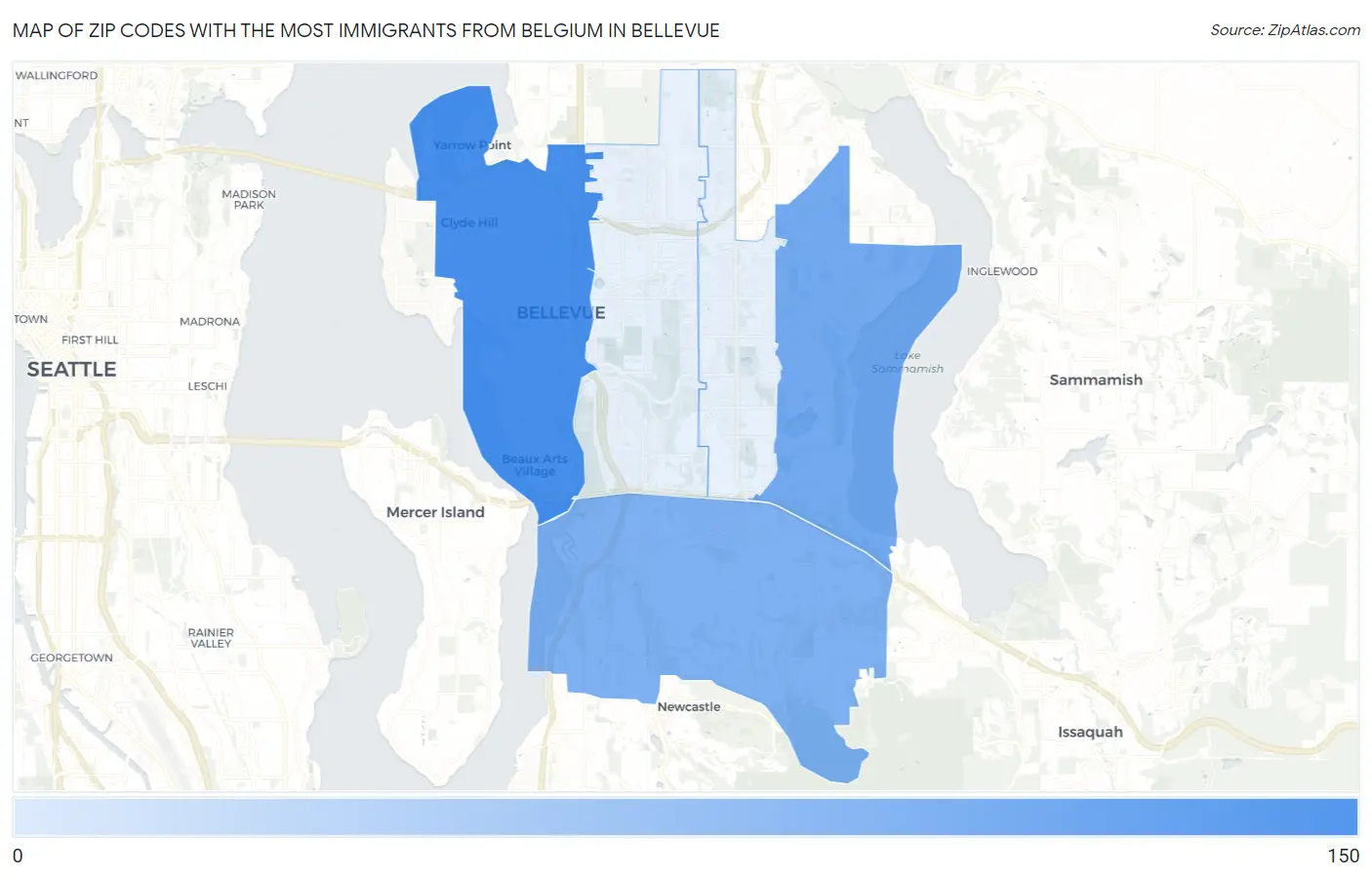 Zip Codes with the Most Immigrants from Belgium in Bellevue Map