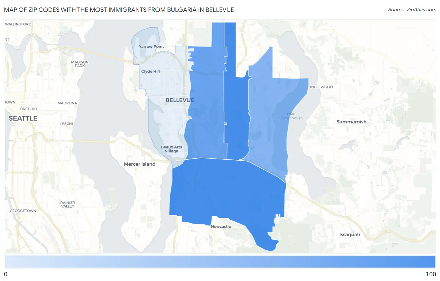Zip Codes with the Most Immigrants from Bulgaria in Bellevue Map