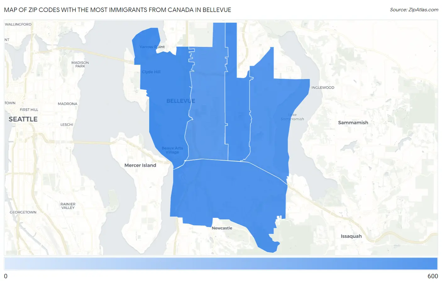Zip Codes with the Most Immigrants from Canada in Bellevue Map
