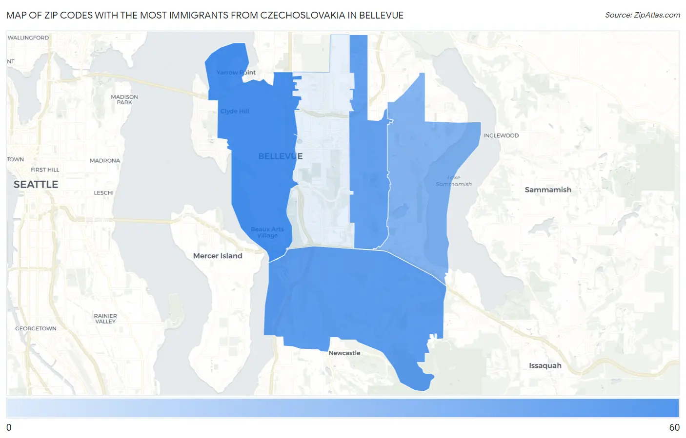 Zip Codes with the Most Immigrants from Czechoslovakia in Bellevue Map