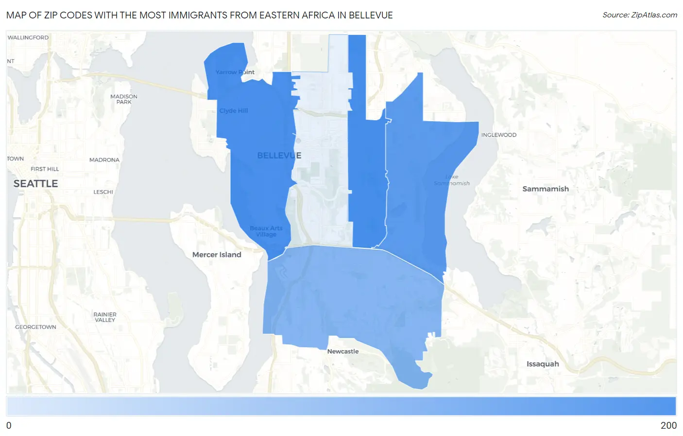 Zip Codes with the Most Immigrants from Eastern Africa in Bellevue Map
