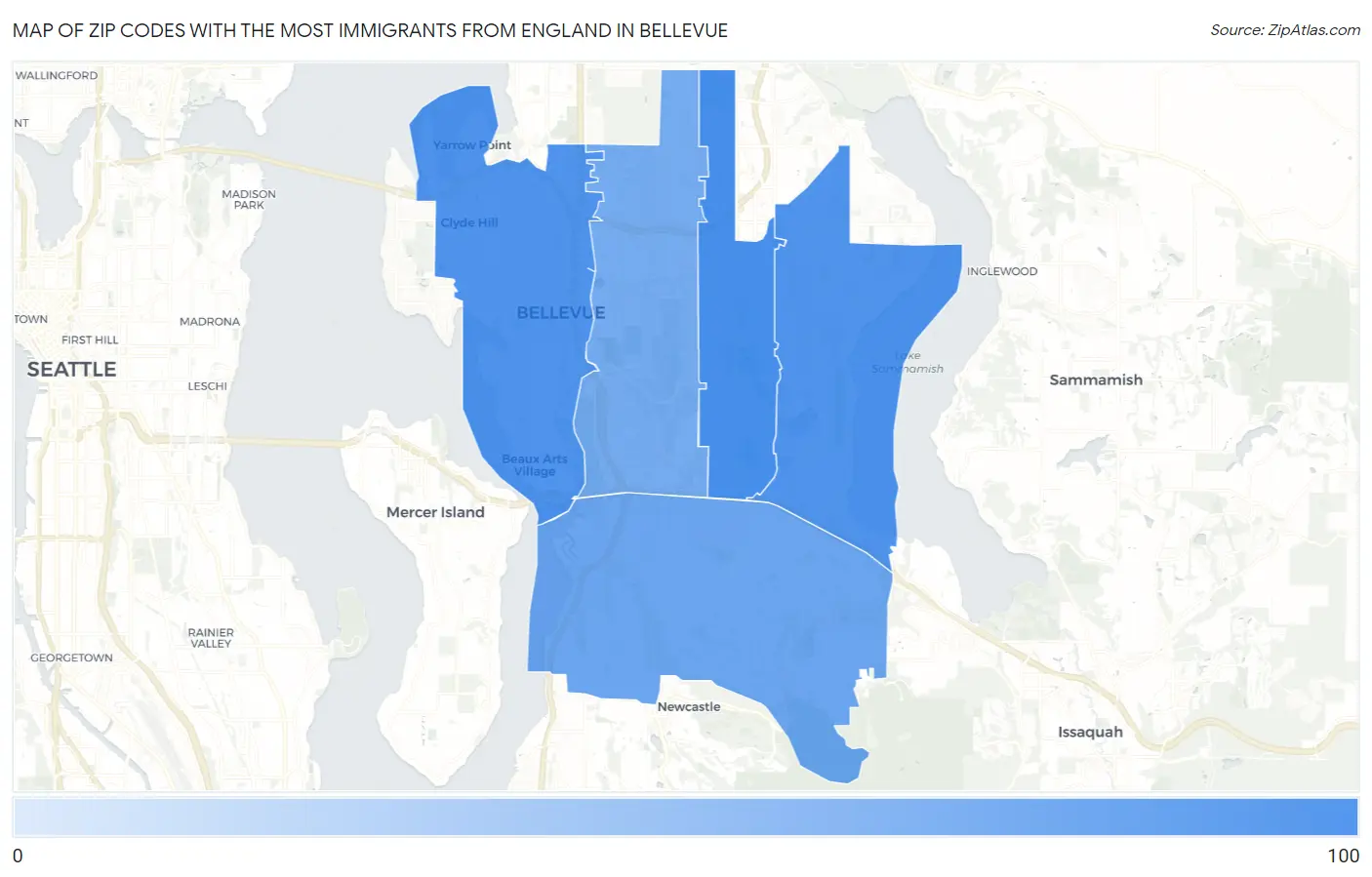 Zip Codes with the Most Immigrants from England in Bellevue Map