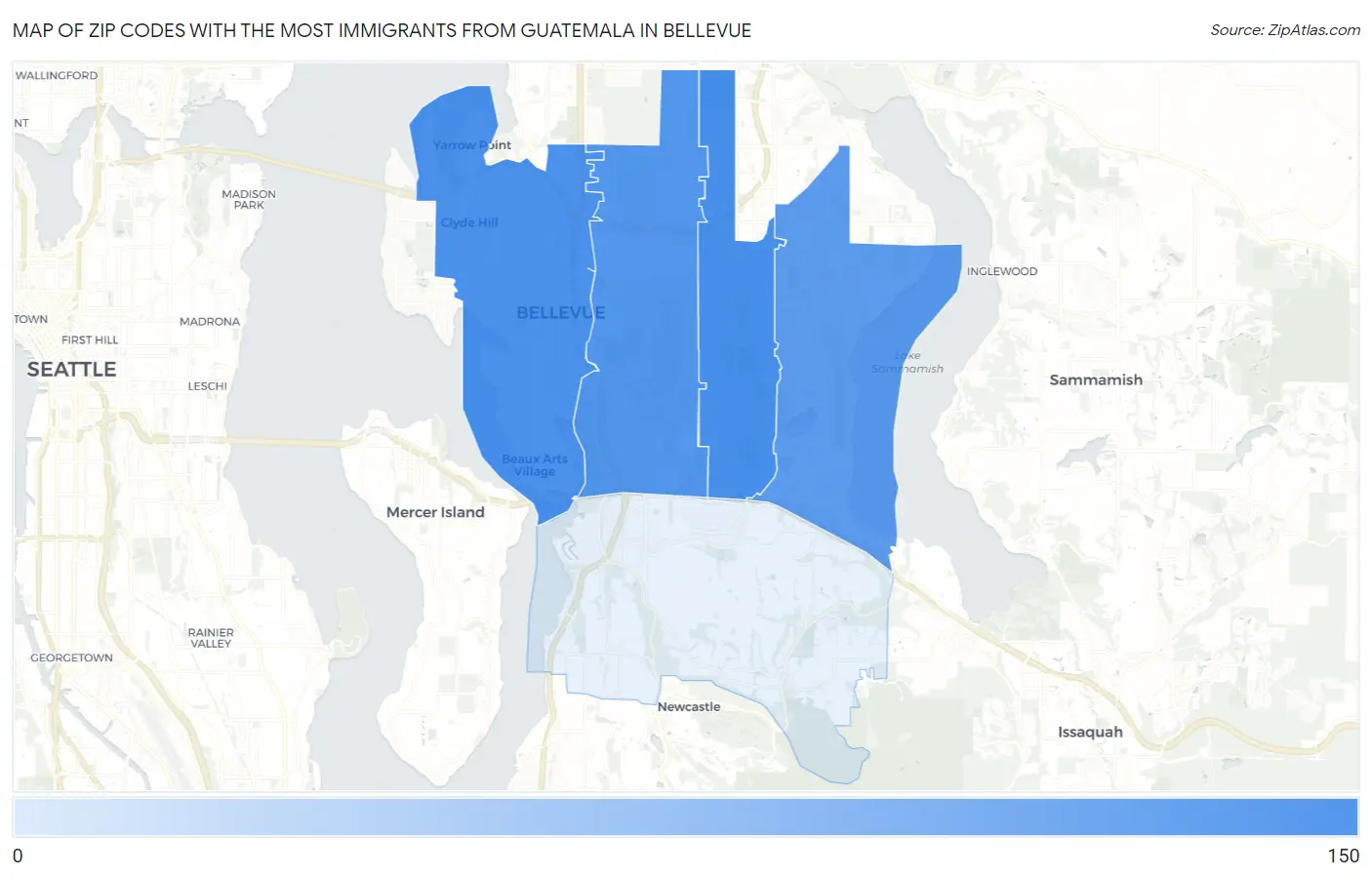 Zip Codes with the Most Immigrants from Guatemala in Bellevue Map