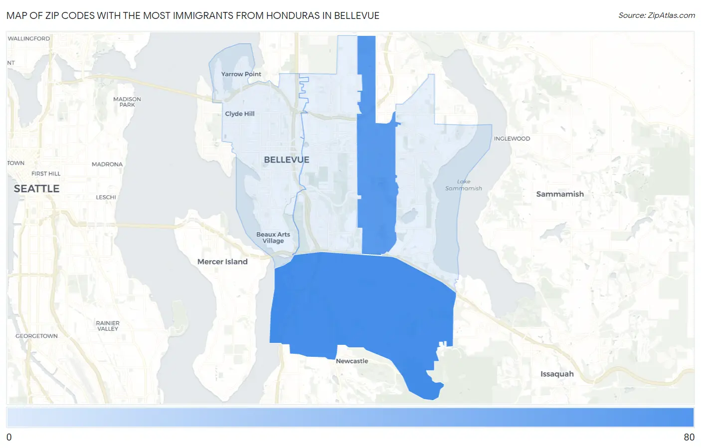 Zip Codes with the Most Immigrants from Honduras in Bellevue Map