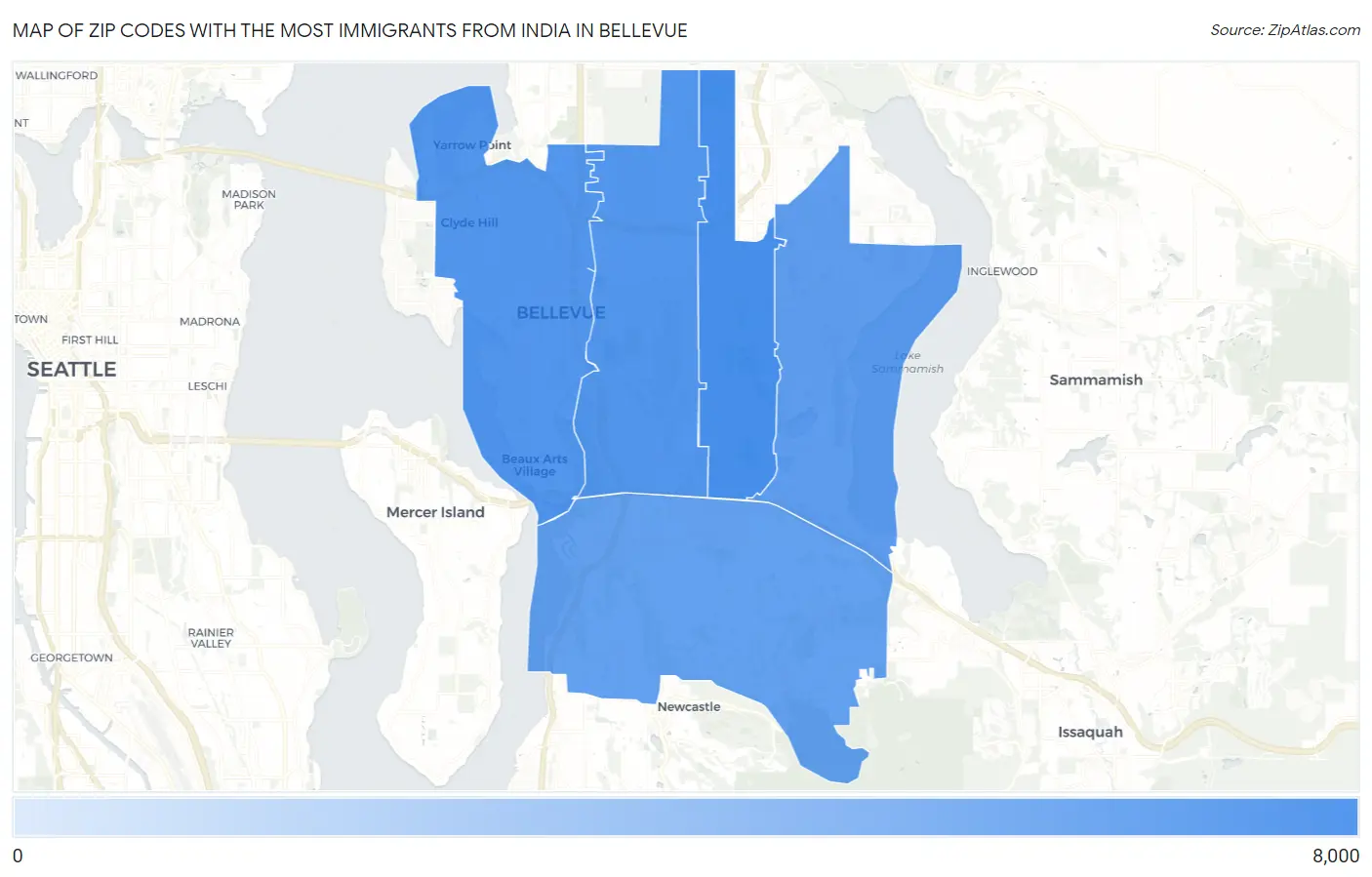 Zip Codes with the Most Immigrants from India in Bellevue Map