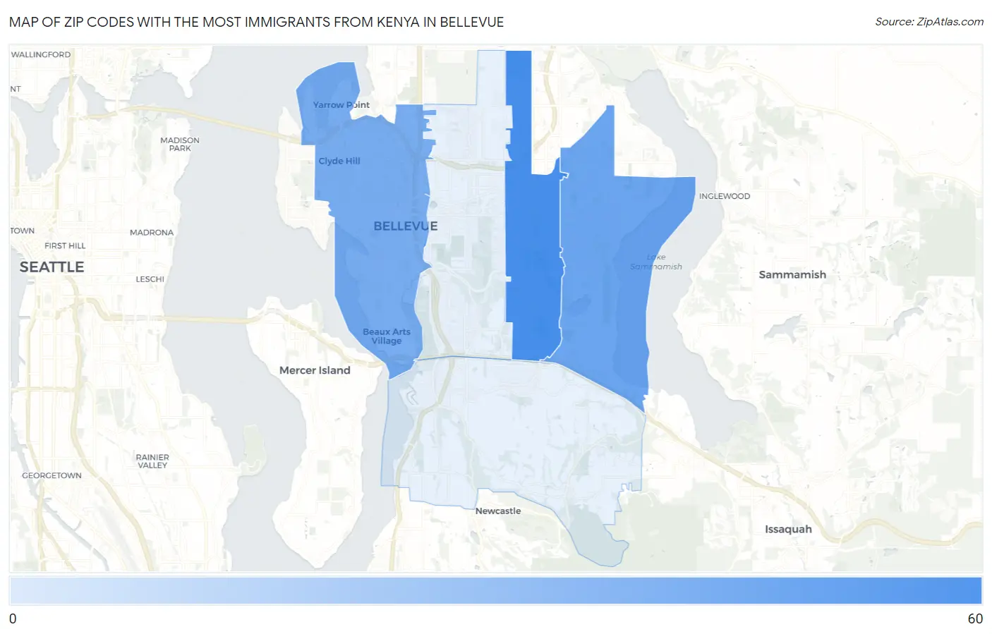 Zip Codes with the Most Immigrants from Kenya in Bellevue Map