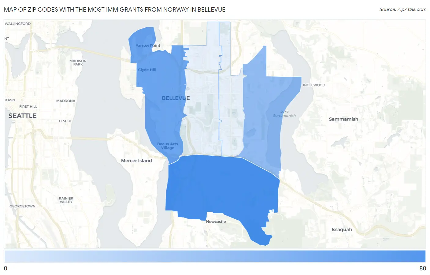 Zip Codes with the Most Immigrants from Norway in Bellevue Map