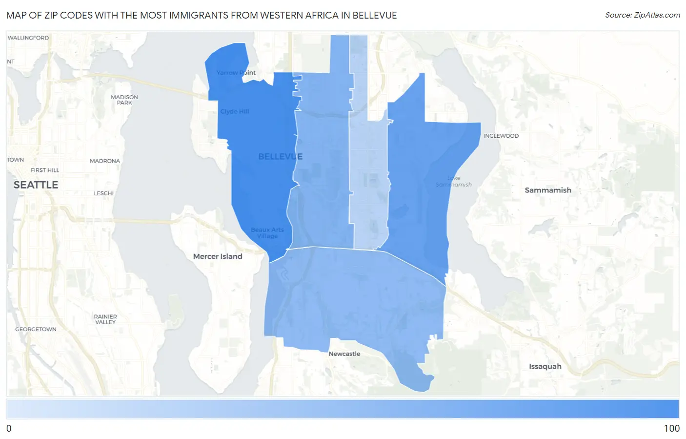 Zip Codes with the Most Immigrants from Western Africa in Bellevue Map