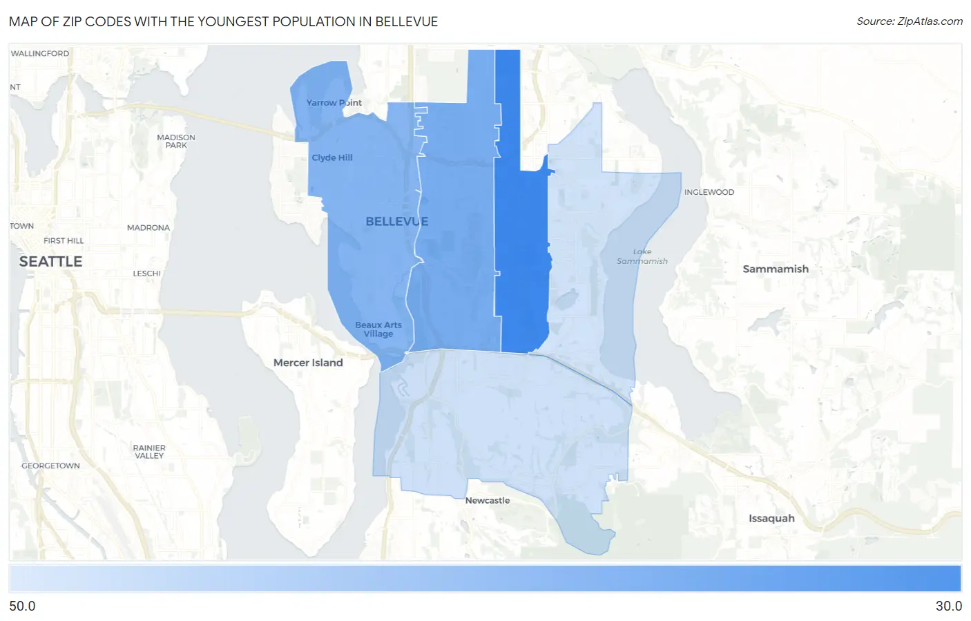 Zip Codes with the Youngest Population in Bellevue Map