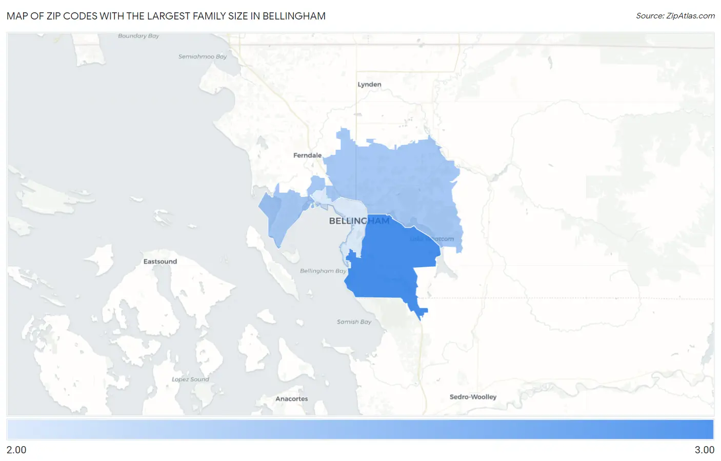 Zip Codes with the Largest Family Size in Bellingham Map