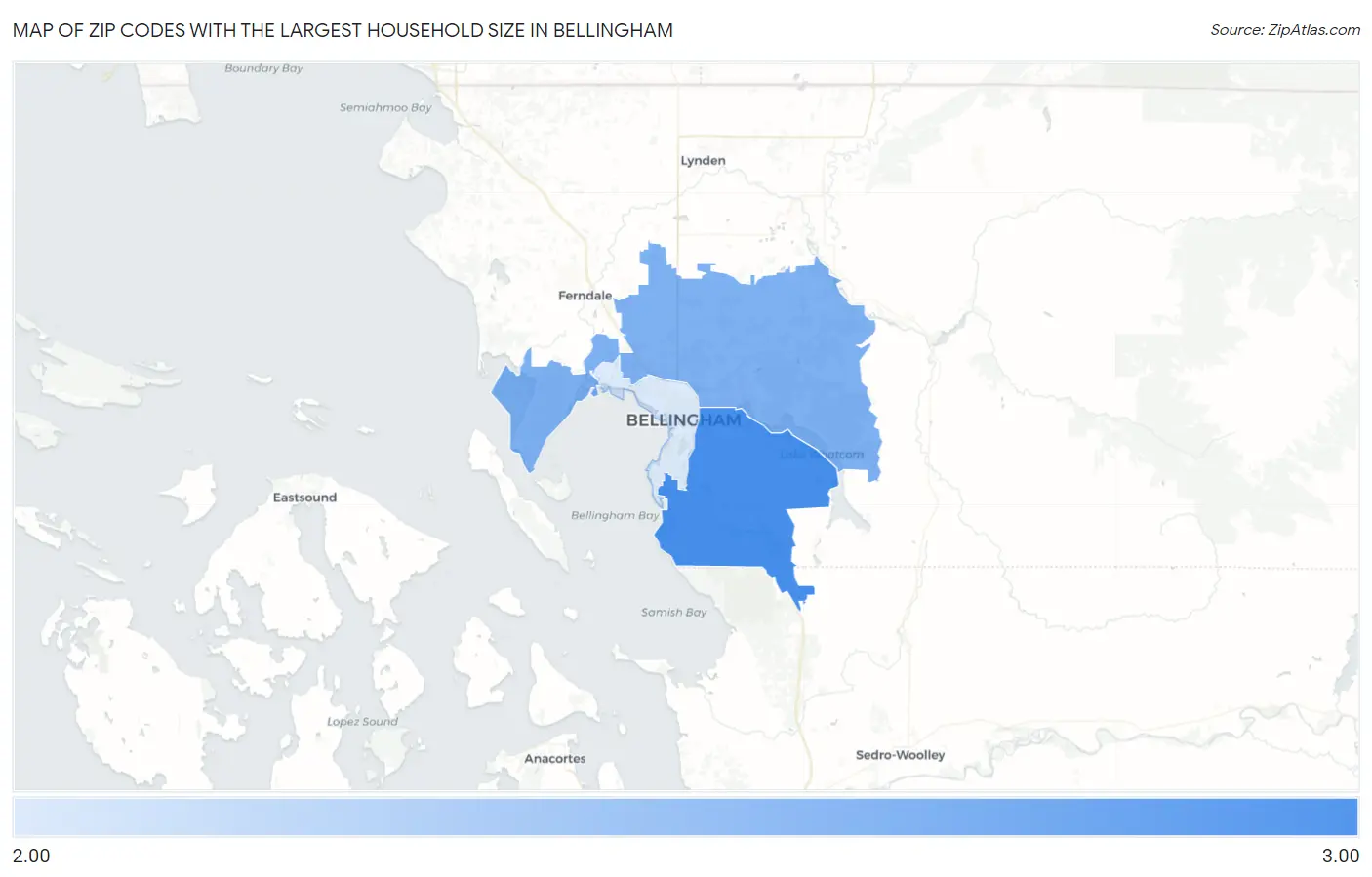 Zip Codes with the Largest Household Size in Bellingham Map