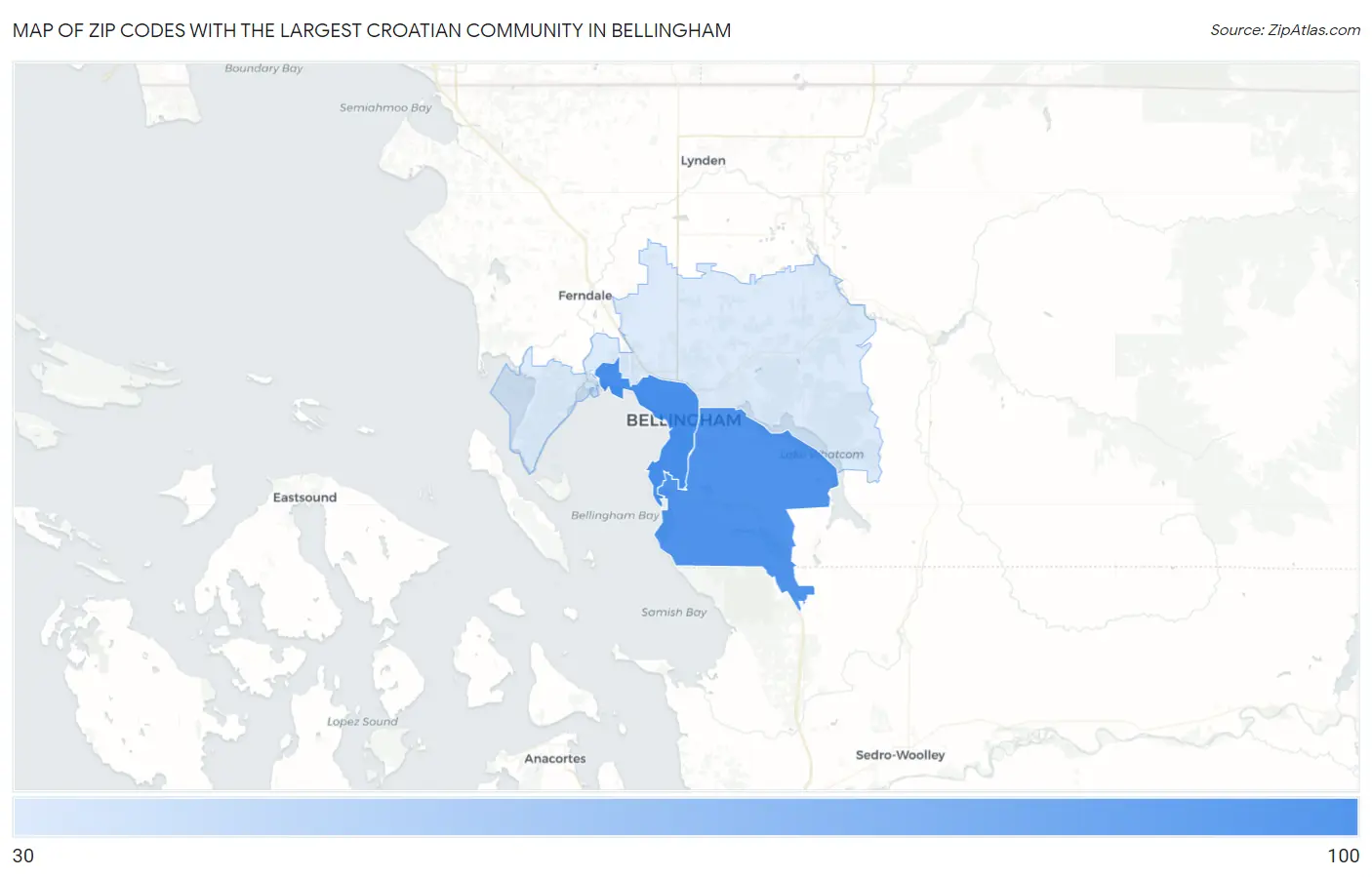 Zip Codes with the Largest Croatian Community in Bellingham Map