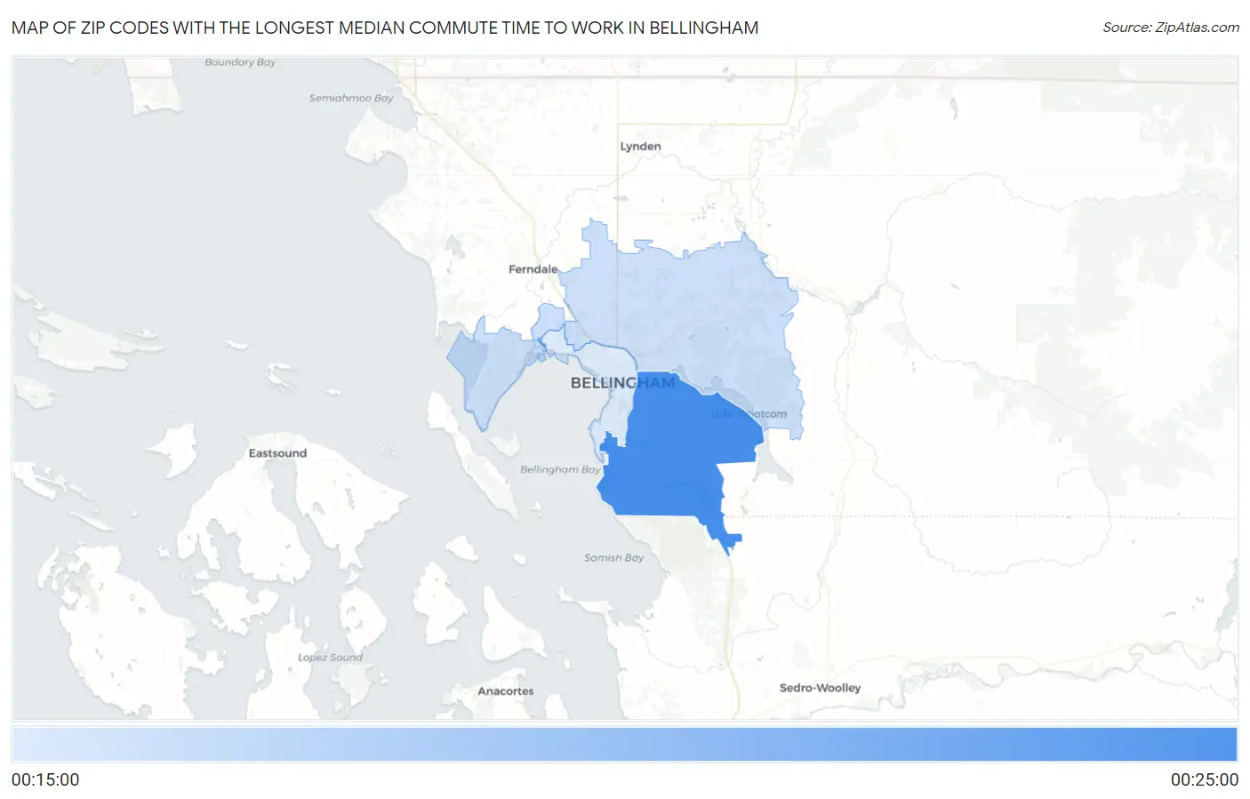Zip Codes with the Longest Median Commute Time to Work in Bellingham Map