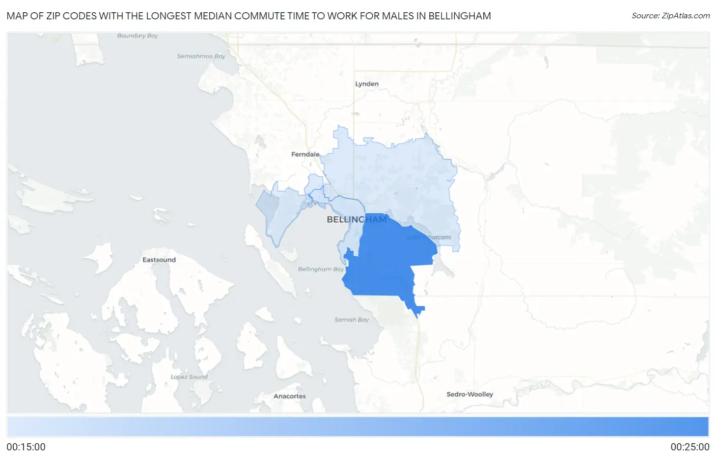 Zip Codes with the Longest Median Commute Time to Work for Males in Bellingham Map