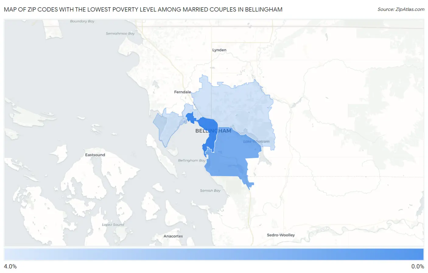 Zip Codes with the Lowest Poverty Level Among Married Couples in Bellingham Map