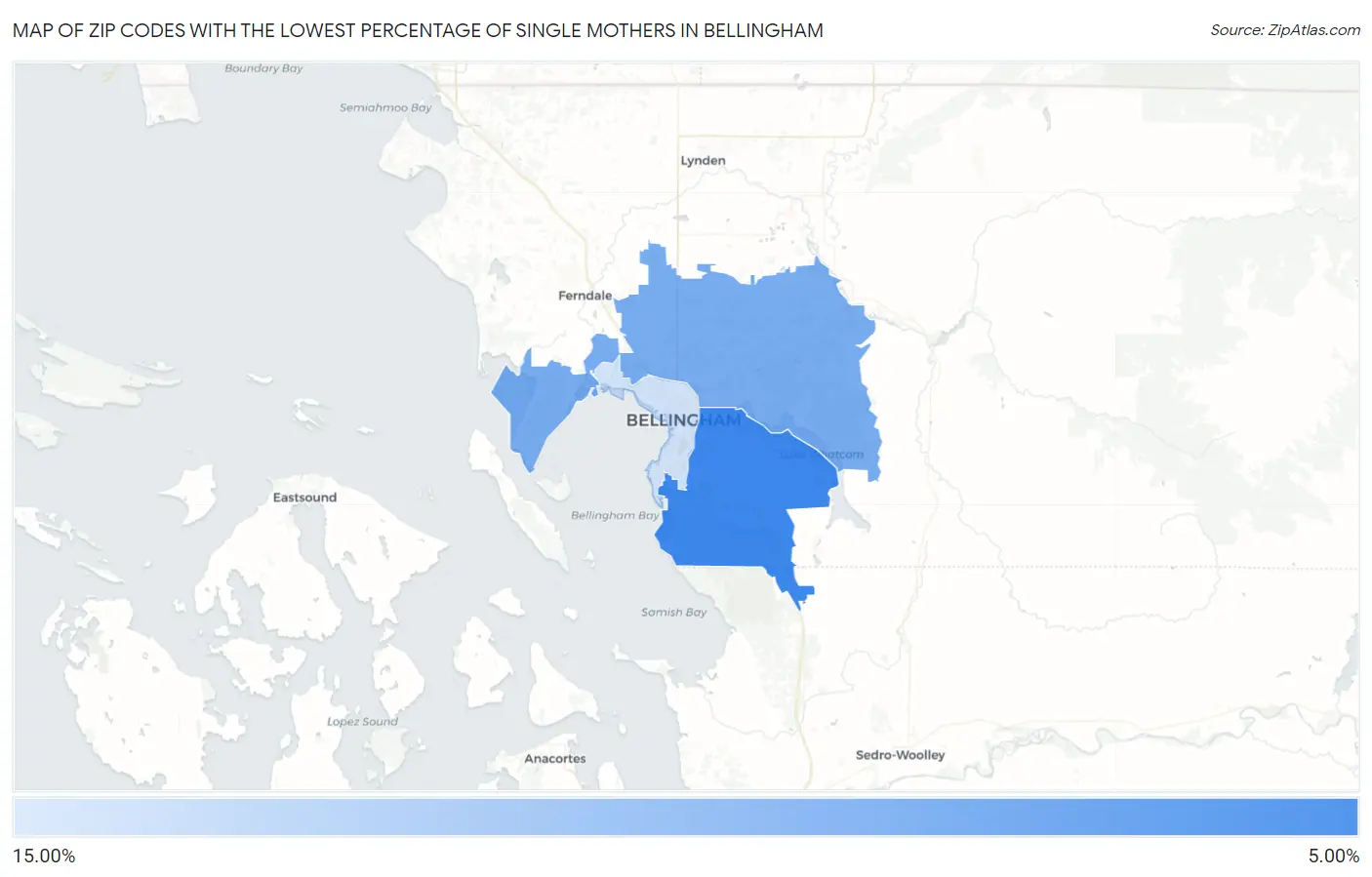 Zip Codes with the Lowest Percentage of Single Mothers in Bellingham Map