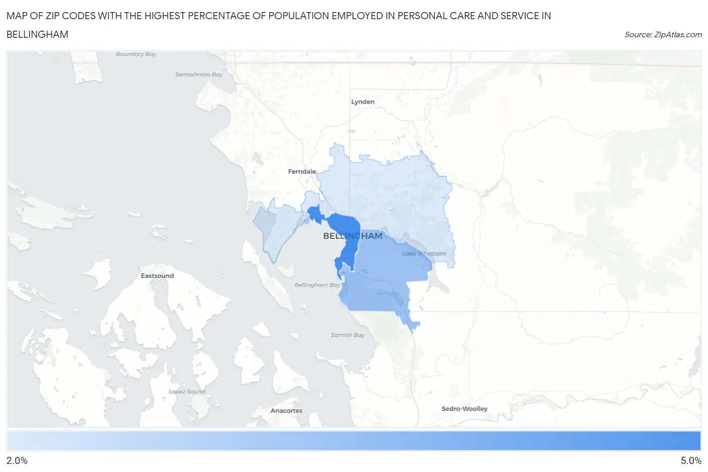 Zip Codes with the Highest Percentage of Population Employed in Personal Care and Service in Bellingham Map