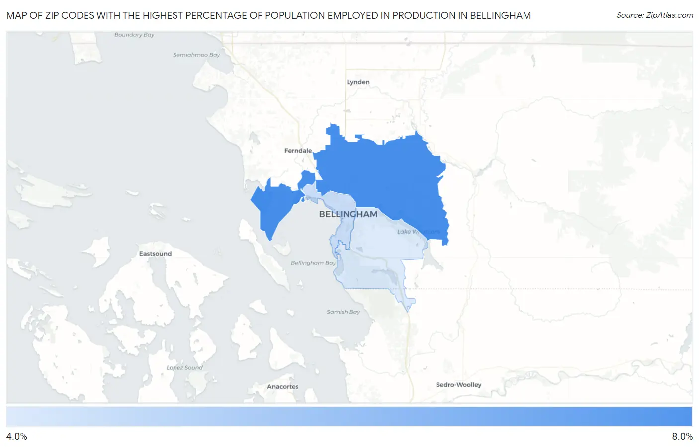 Zip Codes with the Highest Percentage of Population Employed in Production in Bellingham Map