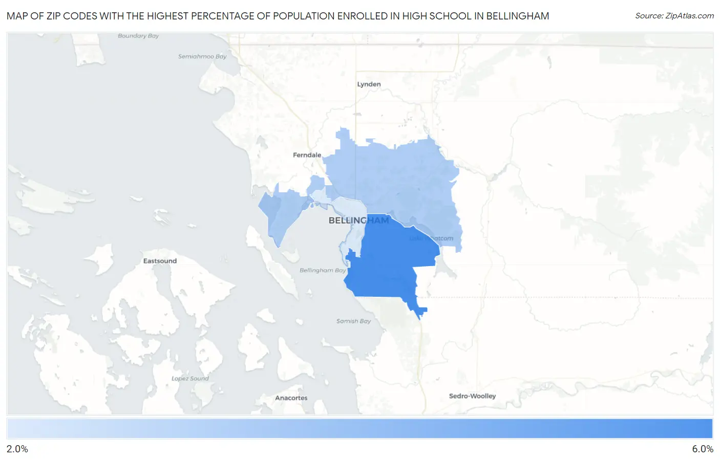 Zip Codes with the Highest Percentage of Population Enrolled in High School in Bellingham Map