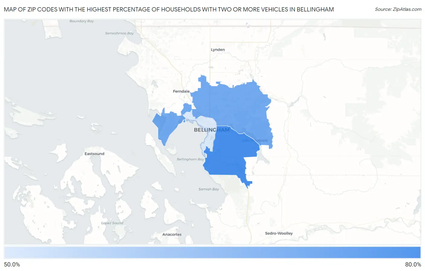 Zip Codes with the Highest Percentage of Households With Two or more Vehicles in Bellingham Map