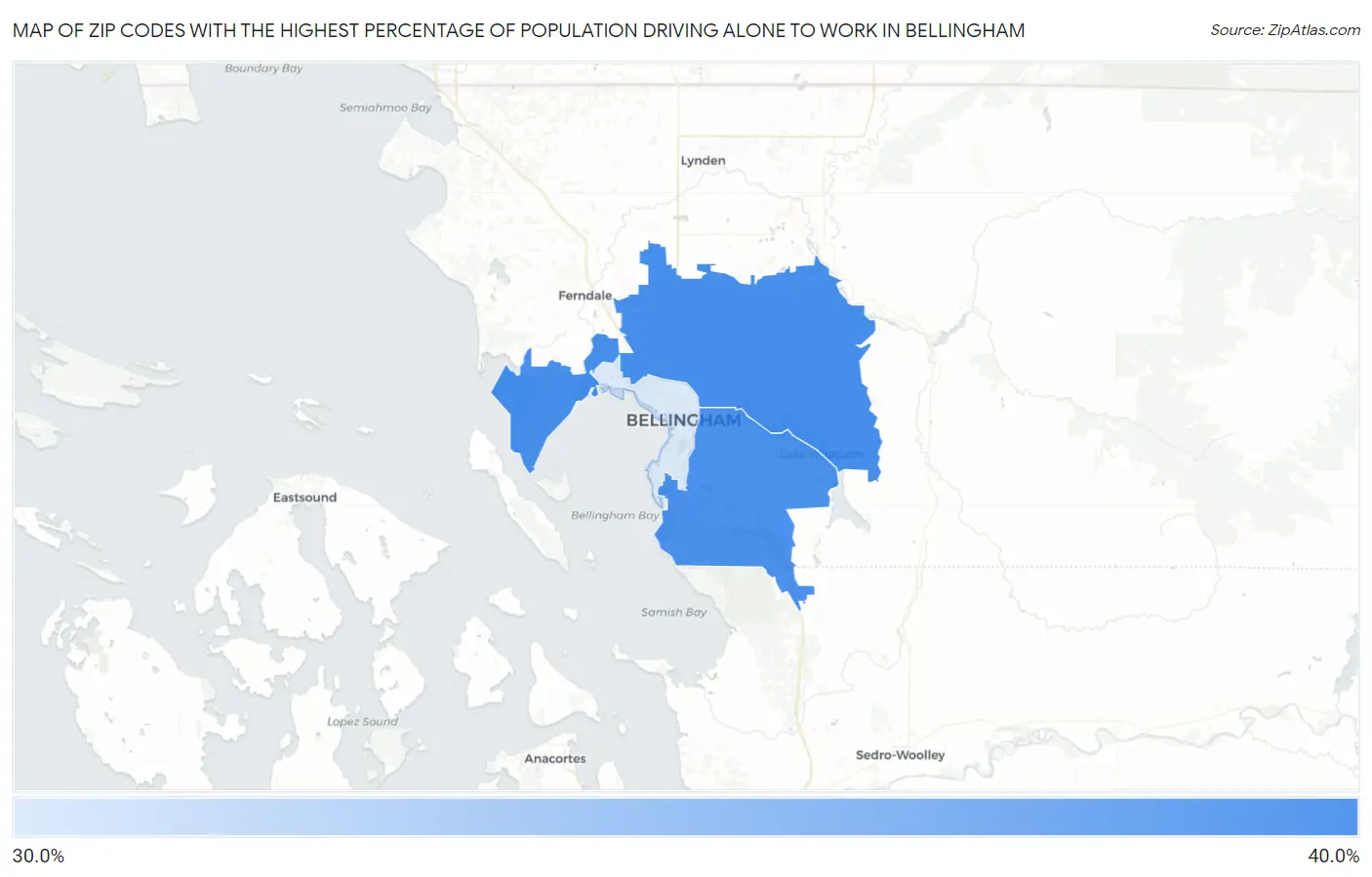 Zip Codes with the Highest Percentage of Population Driving Alone to Work in Bellingham Map