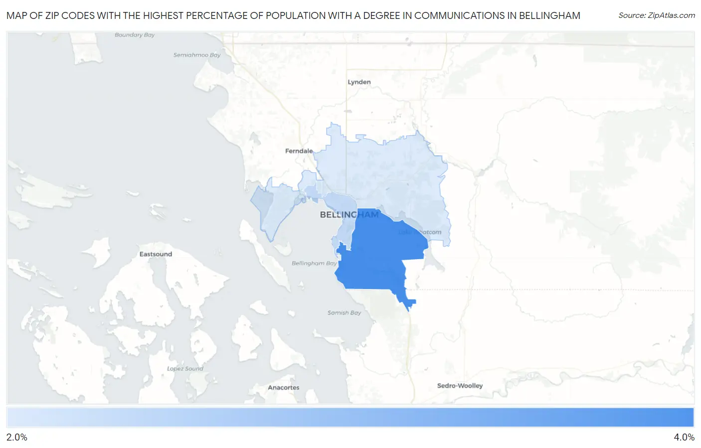 Zip Codes with the Highest Percentage of Population with a Degree in Communications in Bellingham Map